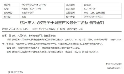 杭州最低工资标准上调至2490元，小时工资同步调整(图1)